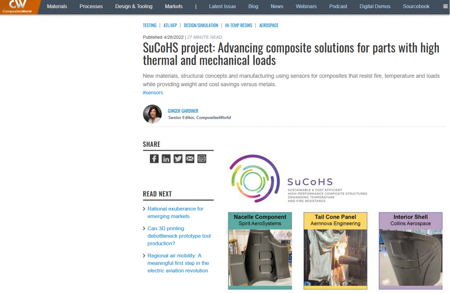 Article "SuCoHS project: Advancing composite solutions for parts with high thermal and mechanical loads" in CompositesWorld.