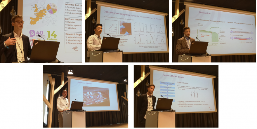 SuCoHS partners presenting their results at the SAMPE Europe conference 2021: top from left to right:Tobias Wille (DLR), Pratik Shrestha (PhotonFirst), Martin Liebisch (DLR). Bottom from left to right: Hans Hoydonckx (TFC), Nicolas Gort (FHNW).