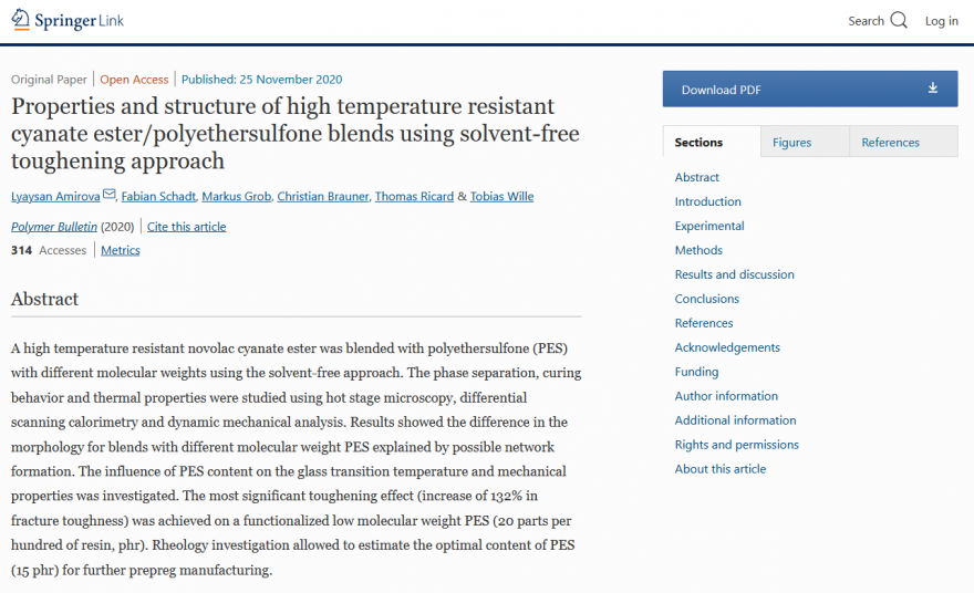 Properties and structure of high temperature resistant cyanate ester/polyethersulfone blends using solvent‑free toughening approach